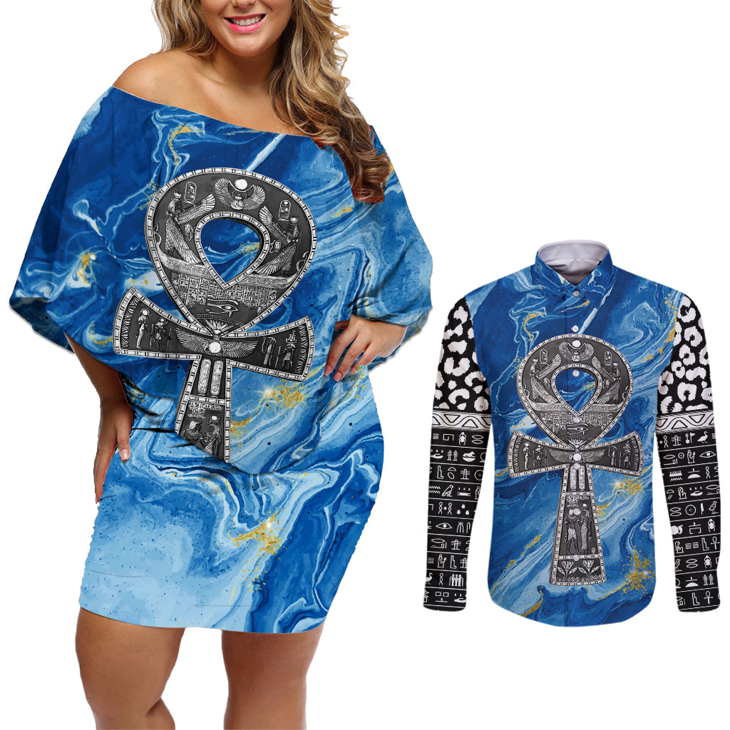 Ankh On Blue Couples Matching Off Shoulder Short Dress and Long Sleeve Button Shirt Pan African - Wonder Print Shop