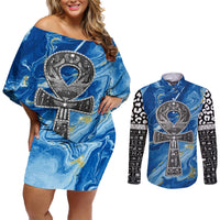 Ankh On Blue Couples Matching Off Shoulder Short Dress and Long Sleeve Button Shirt Pan African - Wonder Print Shop