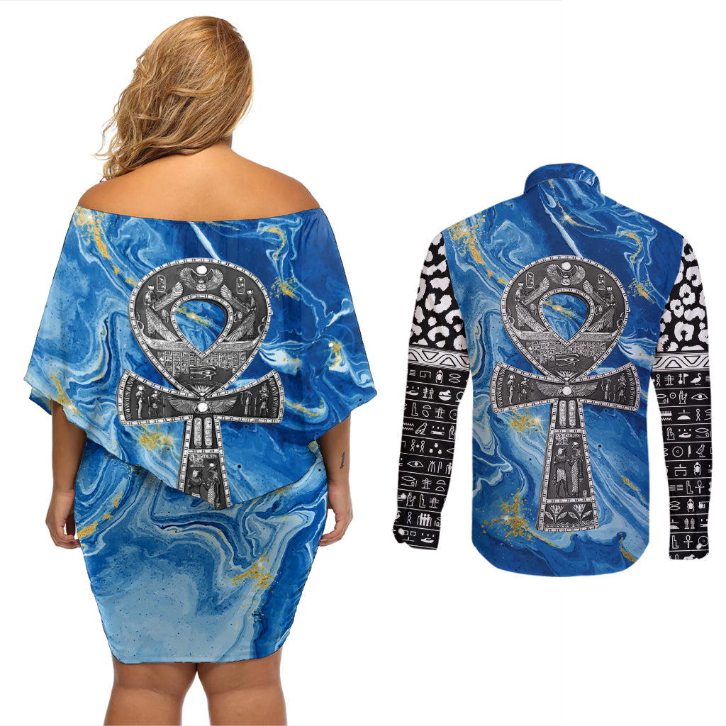 Ankh On Blue Couples Matching Off Shoulder Short Dress and Long Sleeve Button Shirt Pan African - Wonder Print Shop