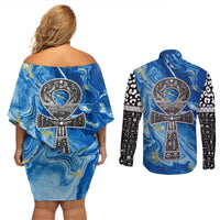 Ankh On Blue Couples Matching Off Shoulder Short Dress and Long Sleeve Button Shirt Pan African - Wonder Print Shop