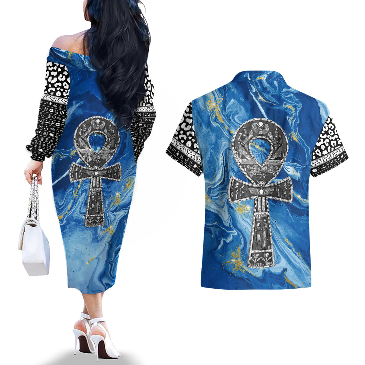 Ankh On Blue Couples Matching Off The Shoulder Long Sleeve Dress and Hawaiian Shirt Pan African - Wonder Print Shop
