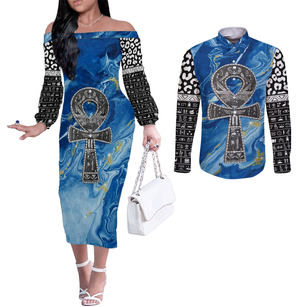 Ankh On Blue Couples Matching Off The Shoulder Long Sleeve Dress and Long Sleeve Button Shirt Pan African