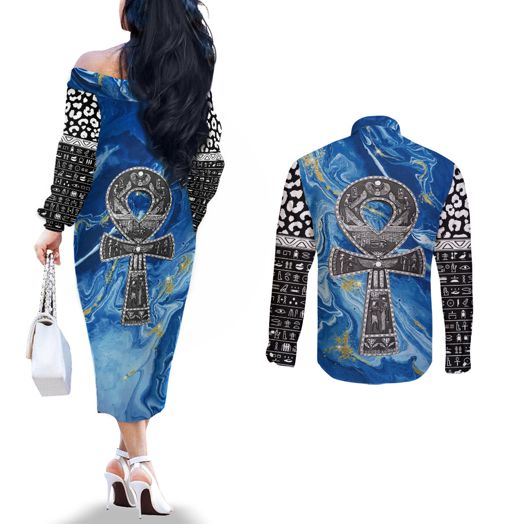 Ankh On Blue Couples Matching Off The Shoulder Long Sleeve Dress and Long Sleeve Button Shirt Pan African