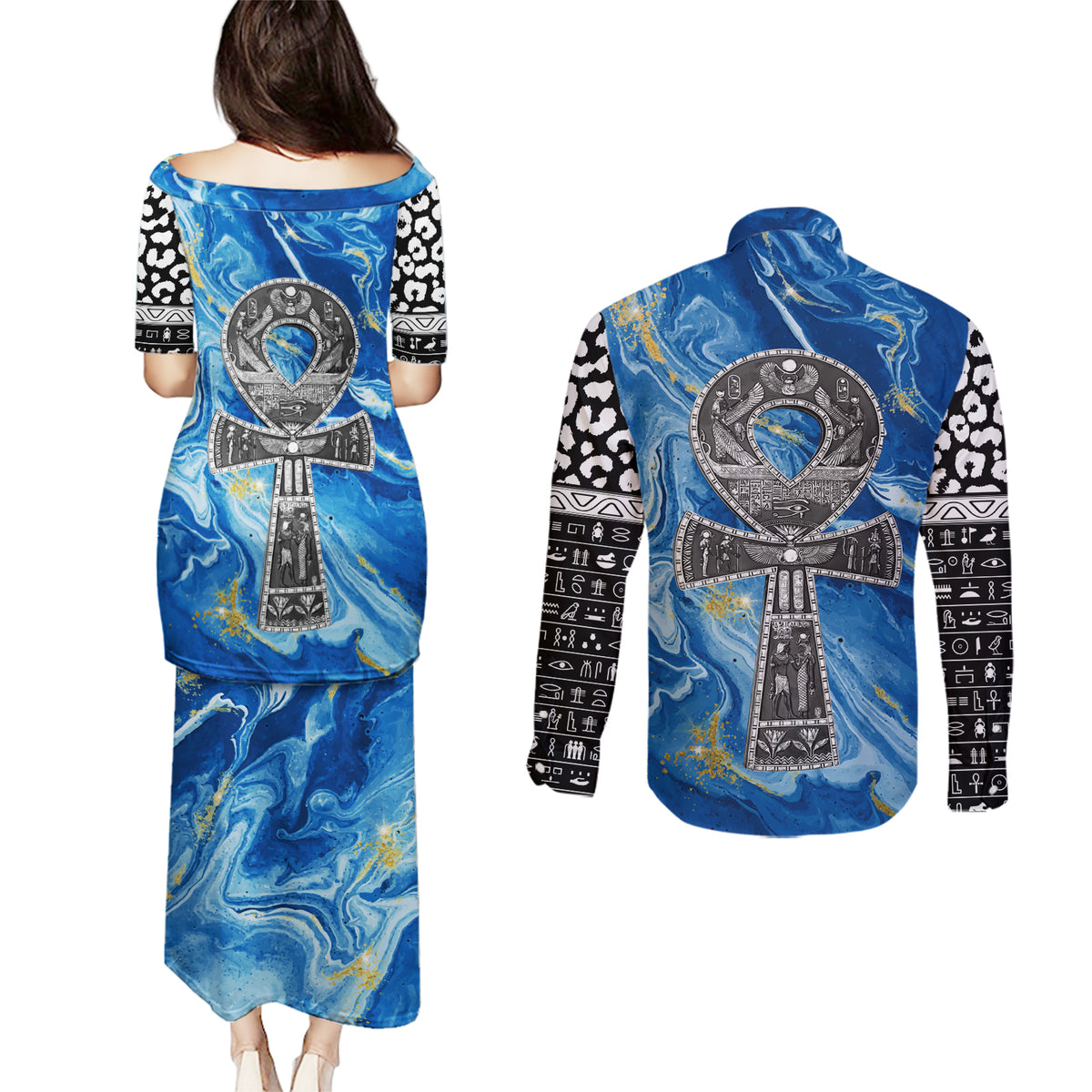Ankh On Blue Couples Matching Puletasi and Long Sleeve Button Shirt Pan African - Wonder Print Shop