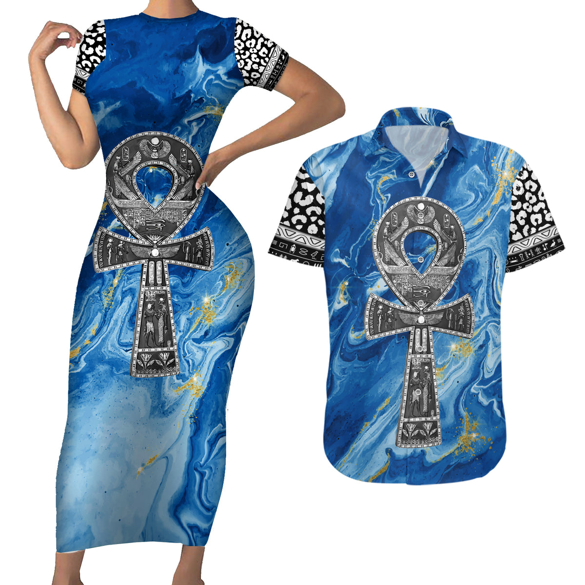 Ankh On Blue Couples Matching Short Sleeve Bodycon Dress and Hawaiian Shirt Pan African - Wonder Print Shop