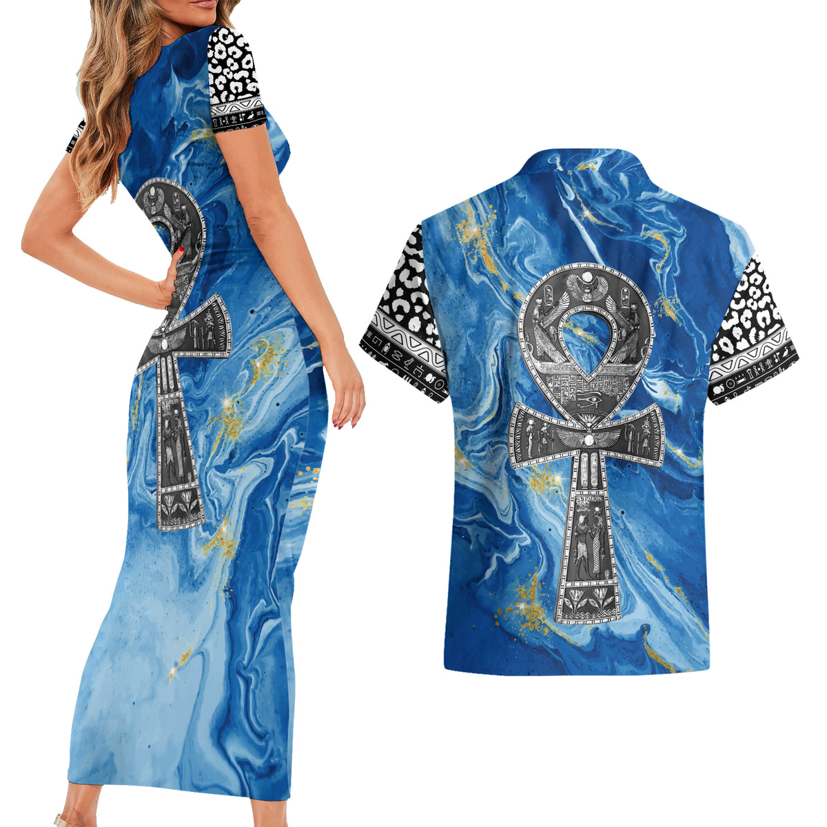 Ankh On Blue Couples Matching Short Sleeve Bodycon Dress and Hawaiian Shirt Pan African - Wonder Print Shop