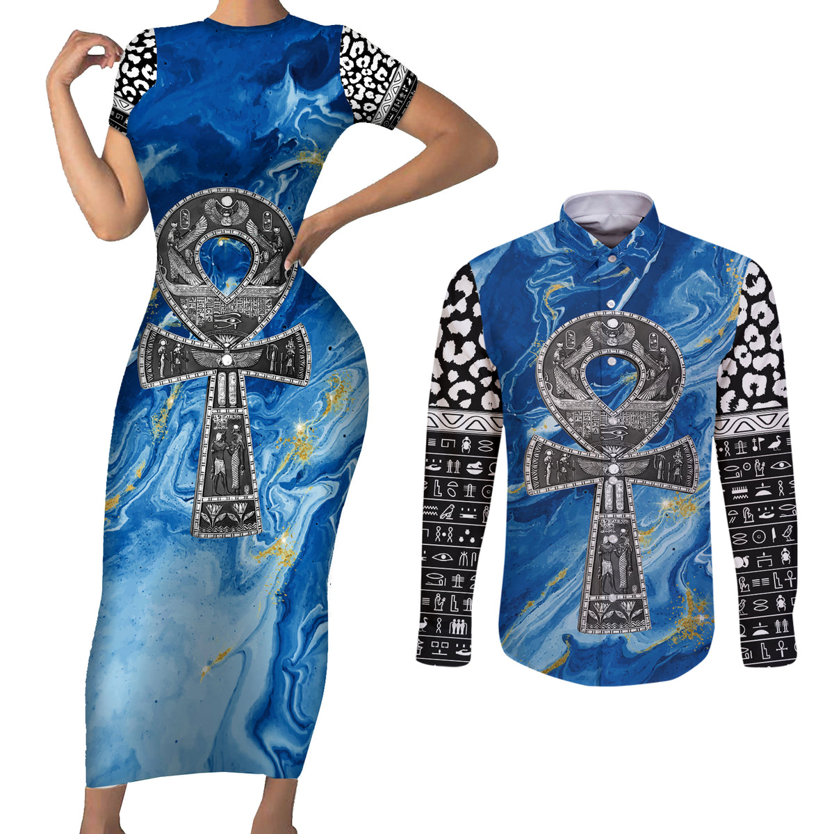 Ankh On Blue Couples Matching Short Sleeve Bodycon Dress and Long Sleeve Button Shirt Pan African - Wonder Print Shop