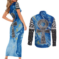 Ankh On Blue Couples Matching Short Sleeve Bodycon Dress and Long Sleeve Button Shirt Pan African - Wonder Print Shop