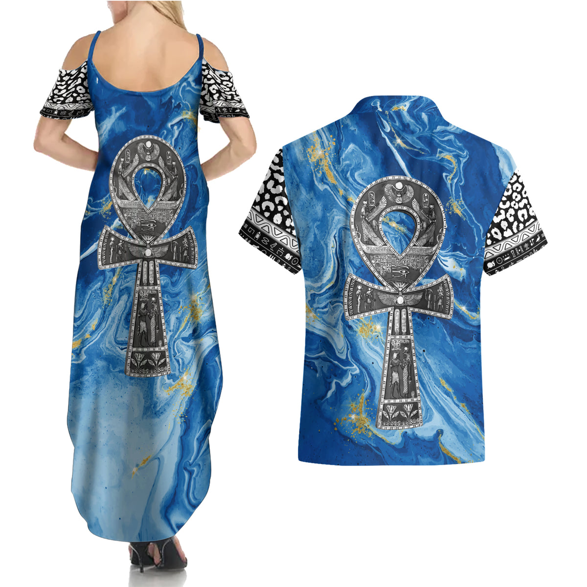 Ankh On Blue Couples Matching Summer Maxi Dress and Hawaiian Shirt Pan African - Wonder Print Shop