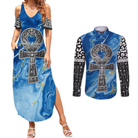 Ankh On Blue Couples Matching Summer Maxi Dress and Long Sleeve Button Shirt Pan African - Wonder Print Shop
