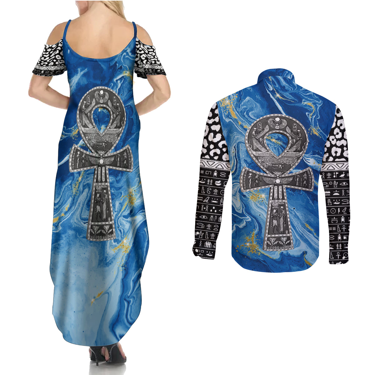 Ankh On Blue Couples Matching Summer Maxi Dress and Long Sleeve Button Shirt Pan African - Wonder Print Shop