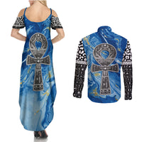 Ankh On Blue Couples Matching Summer Maxi Dress and Long Sleeve Button Shirt Pan African - Wonder Print Shop