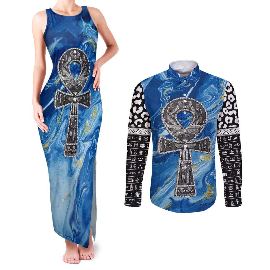 Ankh On Blue Couples Matching Tank Maxi Dress and Long Sleeve Button Shirt Pan African - Wonder Print Shop