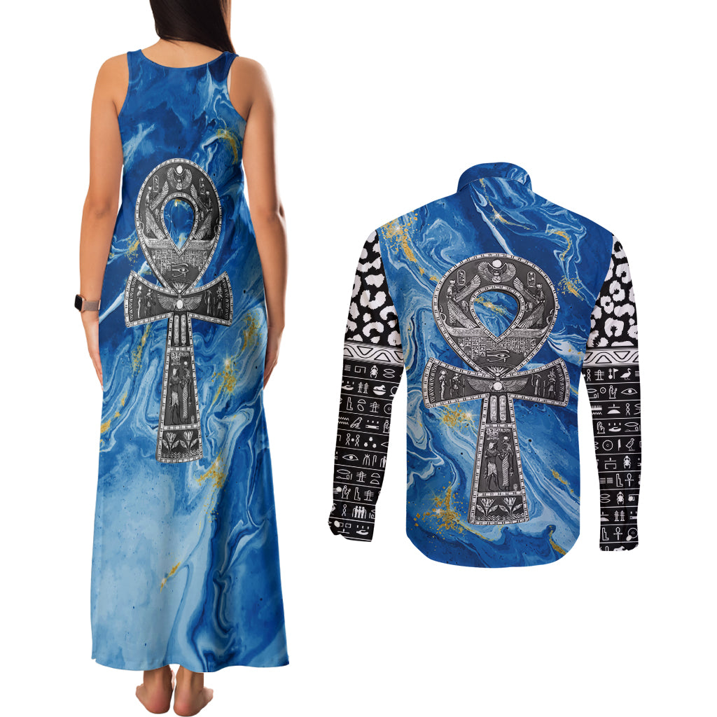 Ankh On Blue Couples Matching Tank Maxi Dress and Long Sleeve Button Shirt Pan African - Wonder Print Shop