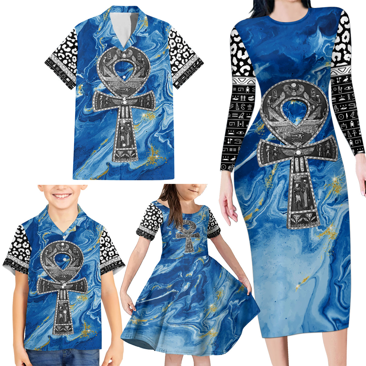Ankh On Blue Family Matching Long Sleeve Bodycon Dress and Hawaiian Shirt Pan African - Wonder Print Shop