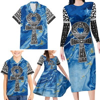 Ankh On Blue Family Matching Long Sleeve Bodycon Dress and Hawaiian Shirt Pan African - Wonder Print Shop