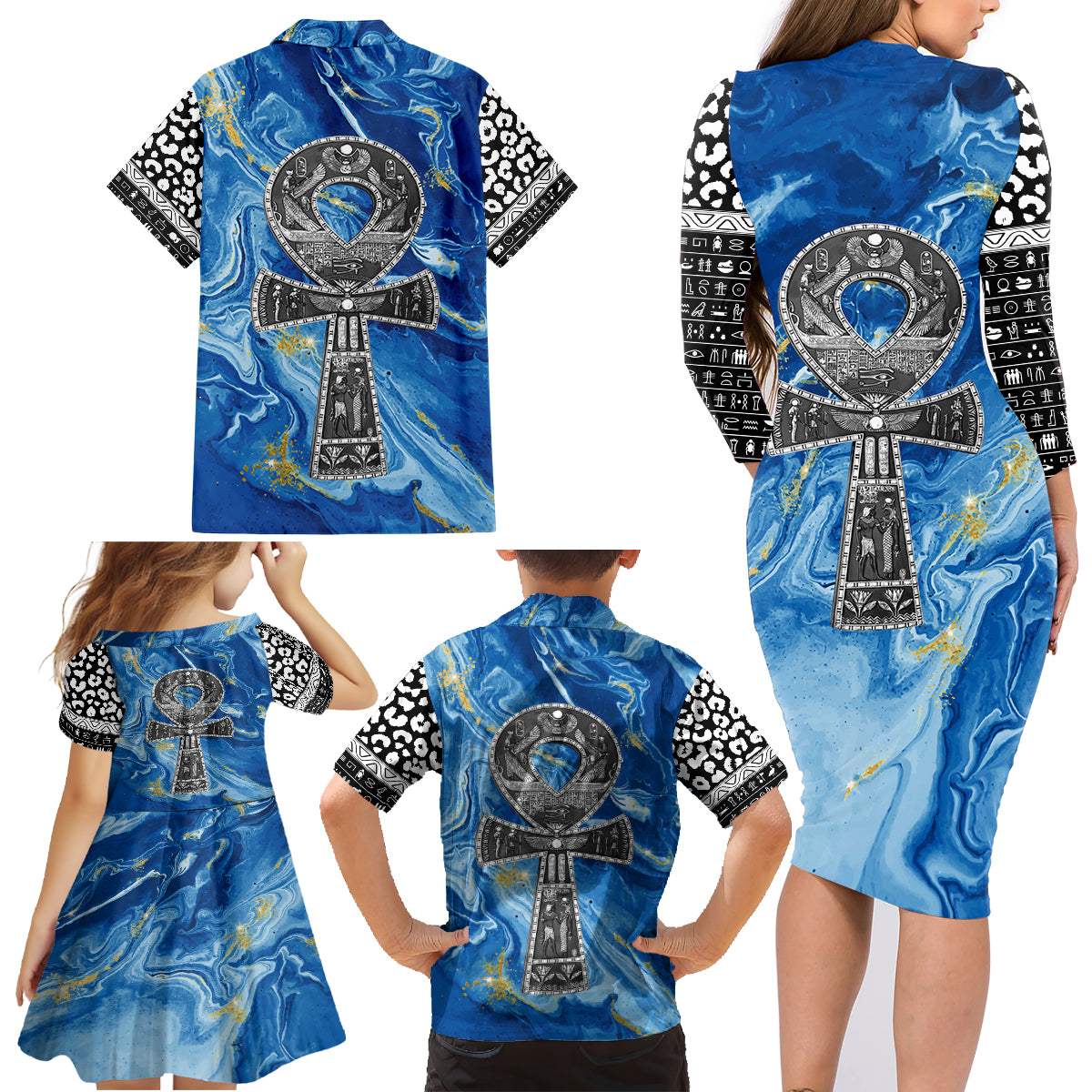 Ankh On Blue Family Matching Long Sleeve Bodycon Dress and Hawaiian Shirt Pan African - Wonder Print Shop