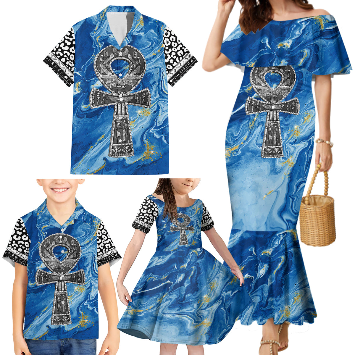 Ankh On Blue Family Matching Mermaid Dress and Hawaiian Shirt Pan African - Wonder Print Shop