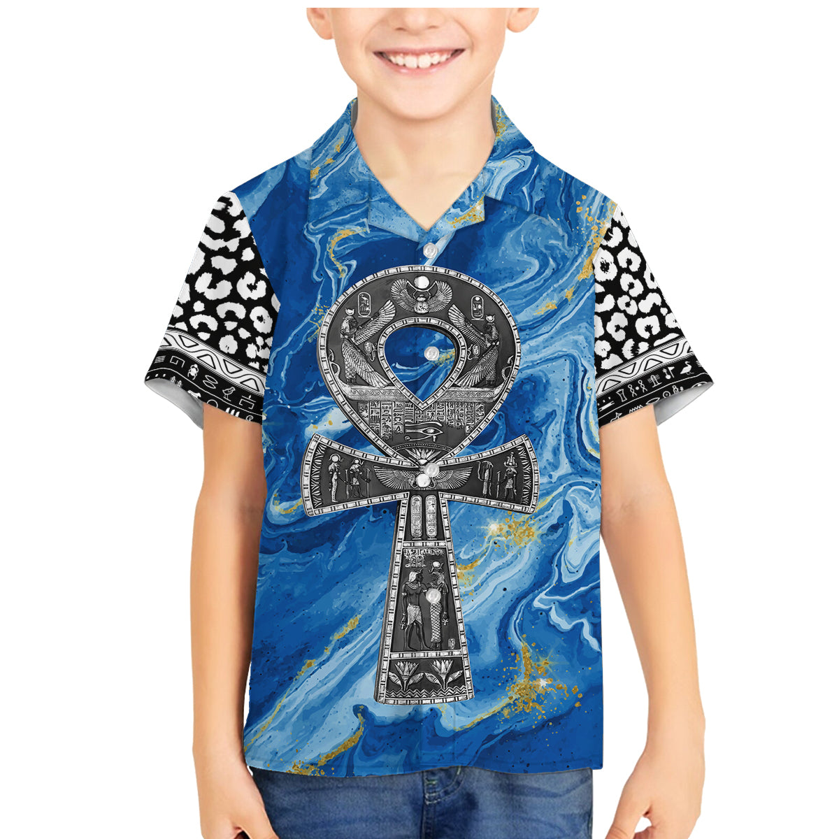 Ankh On Blue Family Matching Mermaid Dress and Hawaiian Shirt Pan African - Wonder Print Shop