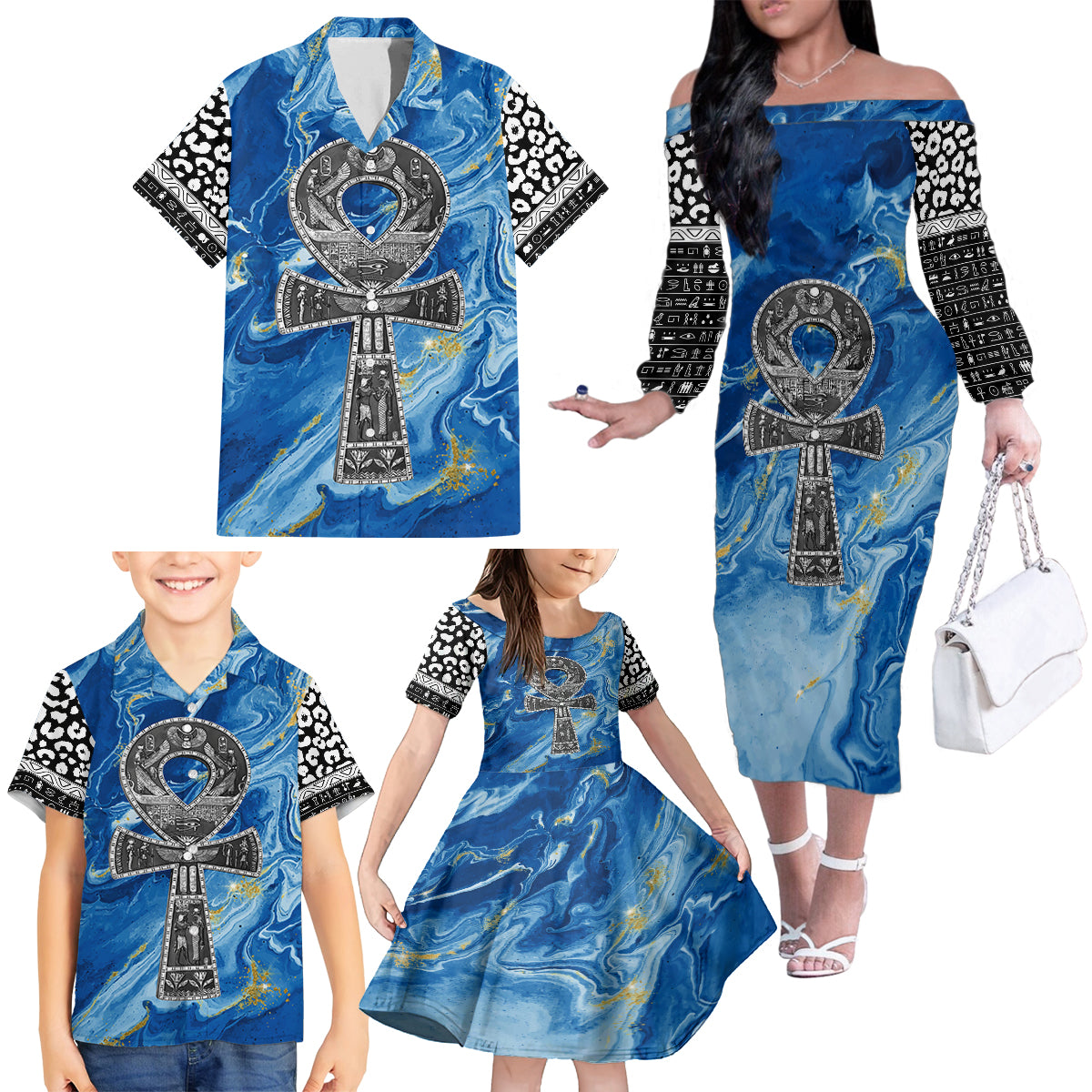 Ankh On Blue Family Matching Off Shoulder Long Sleeve Dress and Hawaiian Shirt Pan African - Wonder Print Shop