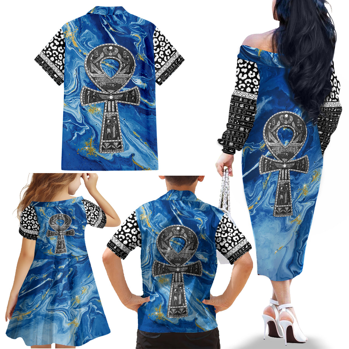 Ankh On Blue Family Matching Off Shoulder Long Sleeve Dress and Hawaiian Shirt Pan African - Wonder Print Shop