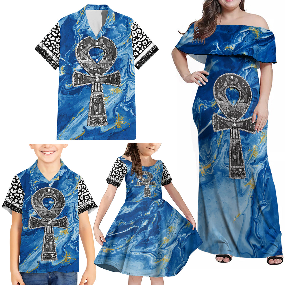 Ankh On Blue Family Matching Off Shoulder Maxi Dress and Hawaiian Shirt Pan African - Wonder Print Shop