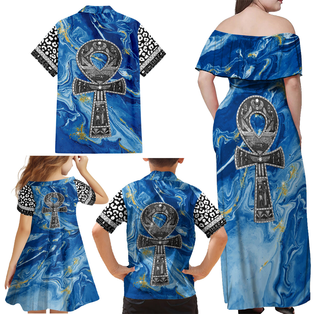 Ankh On Blue Family Matching Off Shoulder Maxi Dress and Hawaiian Shirt Pan African - Wonder Print Shop
