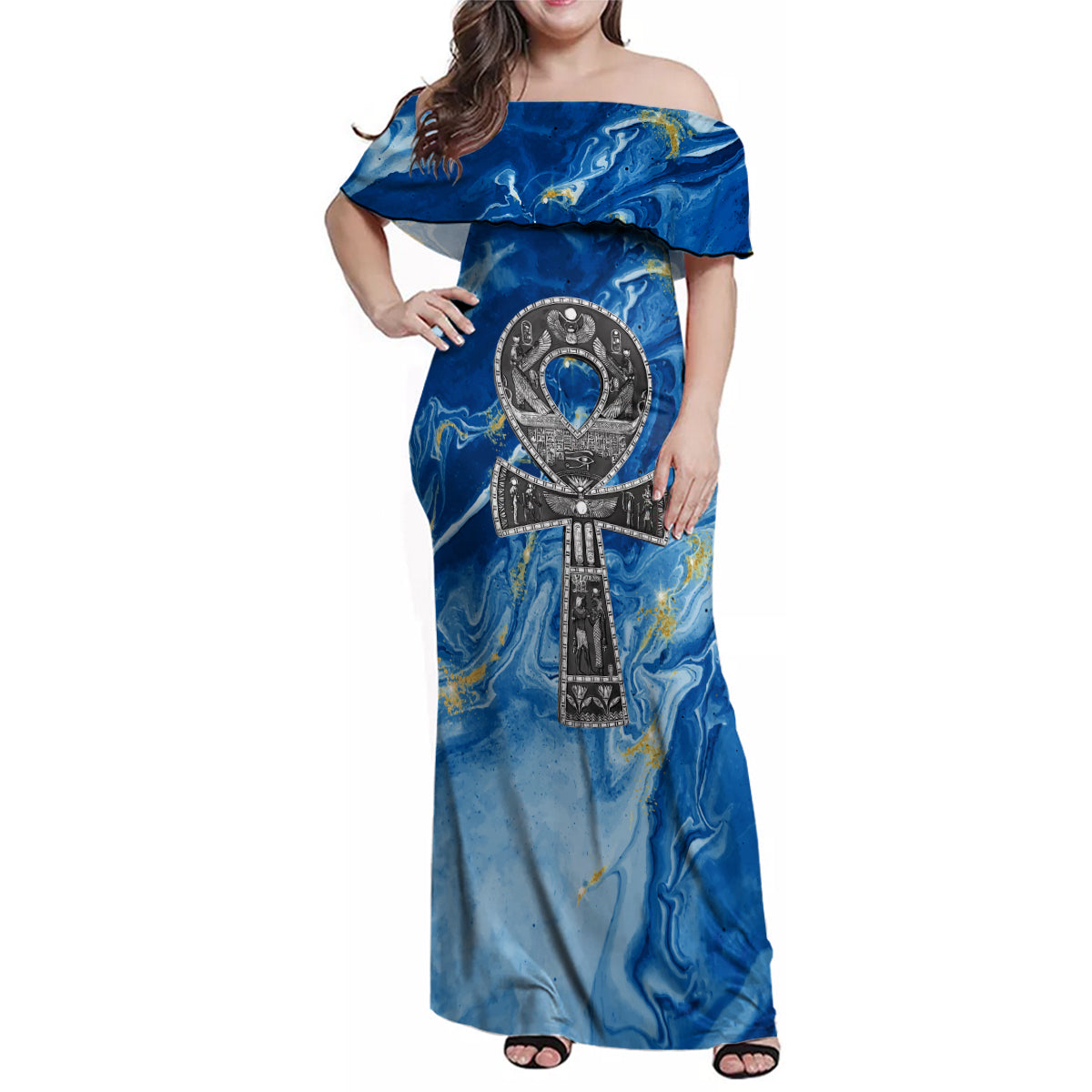 Ankh On Blue Family Matching Off Shoulder Maxi Dress and Hawaiian Shirt Pan African - Wonder Print Shop