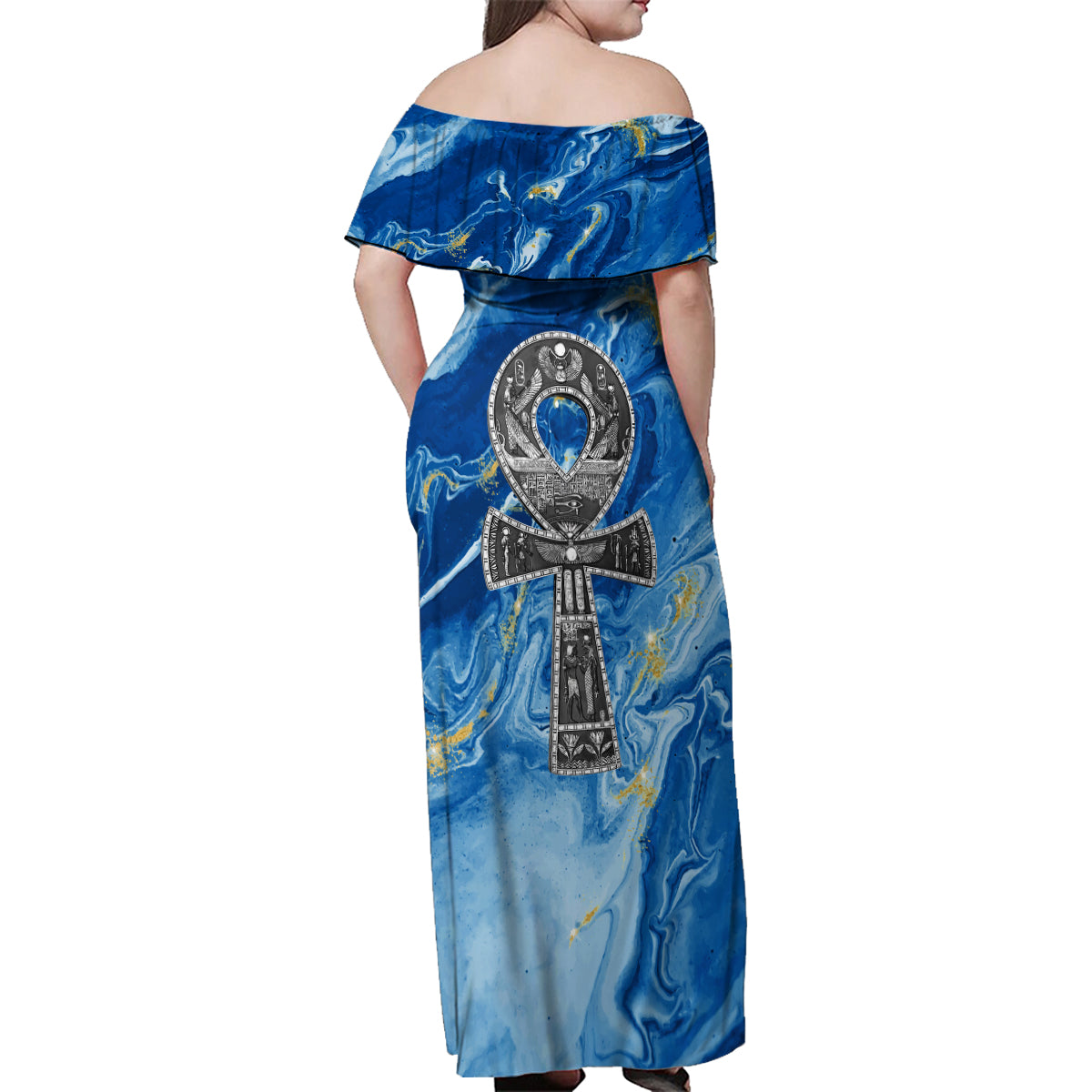 Ankh On Blue Family Matching Off Shoulder Maxi Dress and Hawaiian Shirt Pan African - Wonder Print Shop