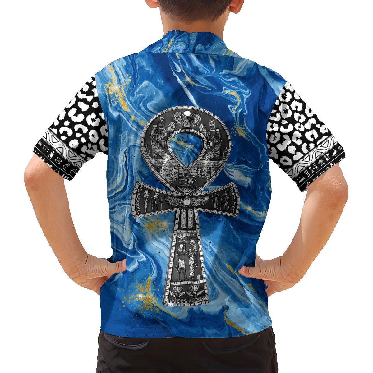 Ankh On Blue Family Matching Off Shoulder Short Dress and Hawaiian Shirt Pan African - Wonder Print Shop