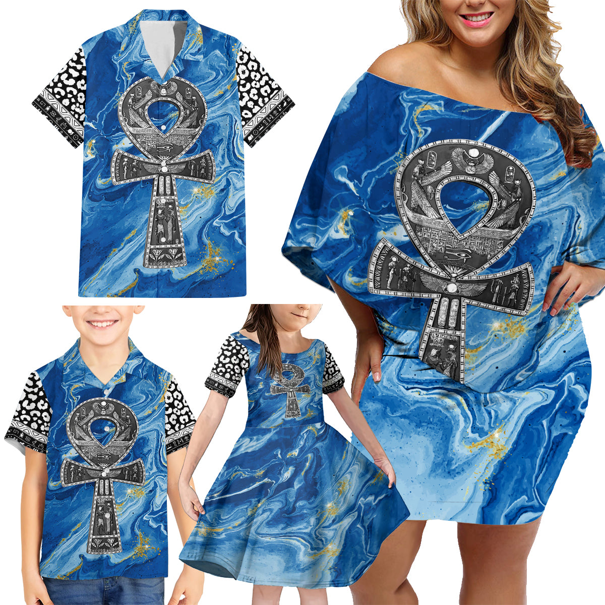 Ankh On Blue Family Matching Off Shoulder Short Dress and Hawaiian Shirt Pan African - Wonder Print Shop