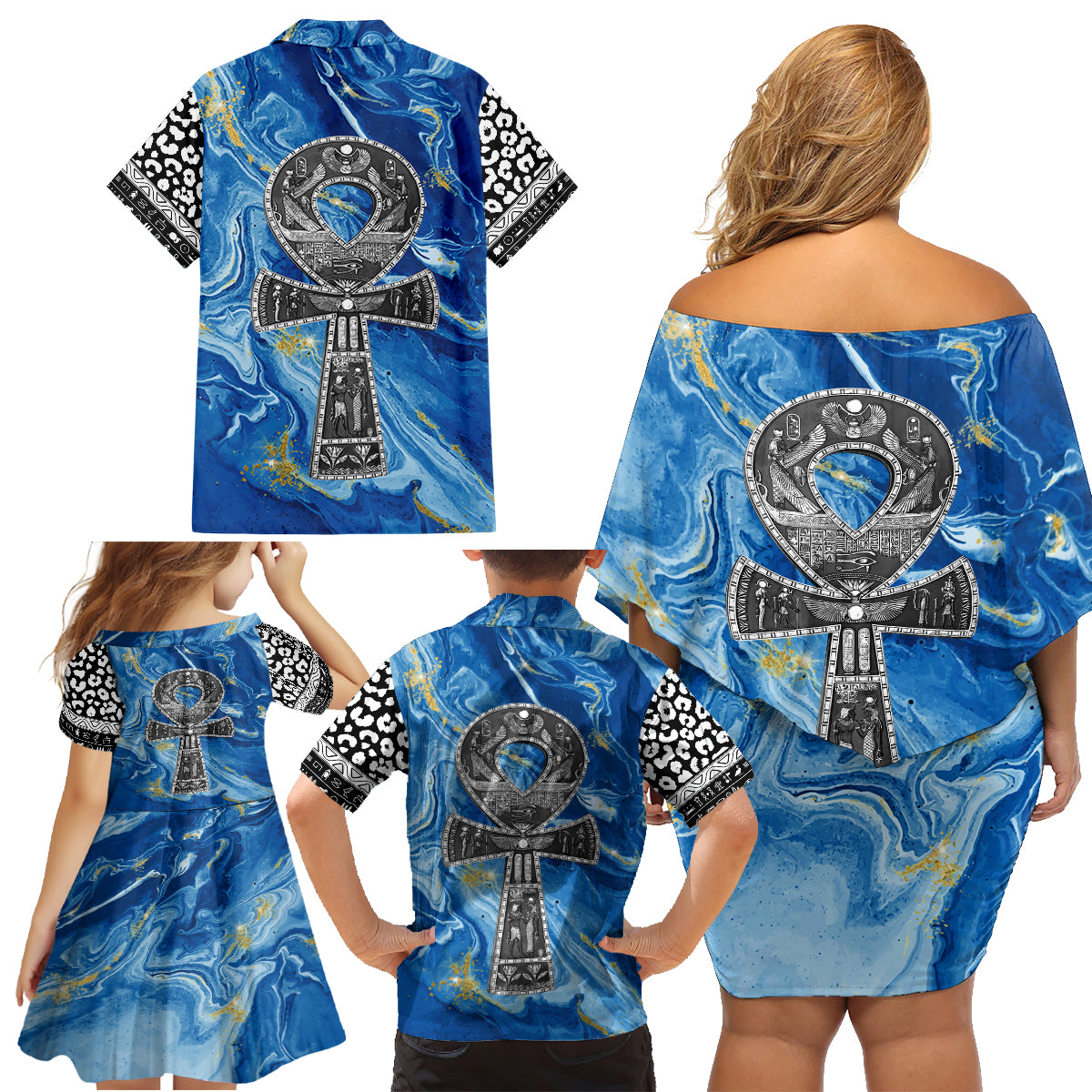 Ankh On Blue Family Matching Off Shoulder Short Dress and Hawaiian Shirt Pan African - Wonder Print Shop