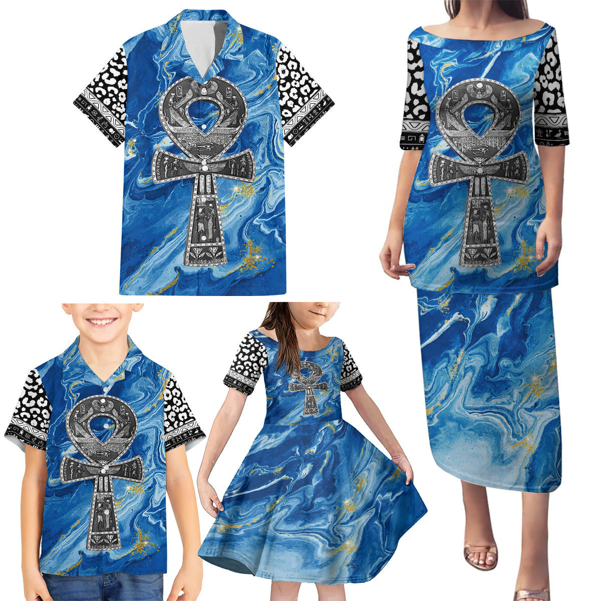 Ankh On Blue Family Matching Puletasi and Hawaiian Shirt Pan African - Wonder Print Shop