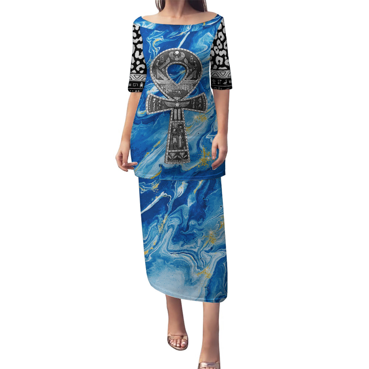 Ankh On Blue Family Matching Puletasi and Hawaiian Shirt Pan African - Wonder Print Shop