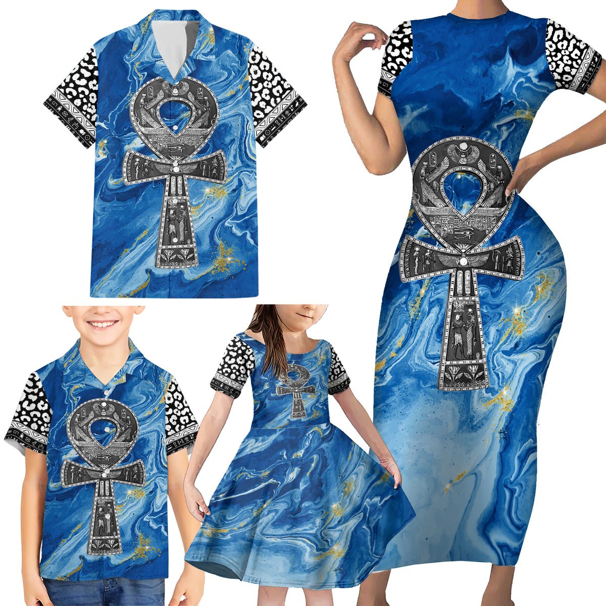 Ankh On Blue Family Matching Short Sleeve Bodycon Dress and Hawaiian Shirt Pan African - Wonder Print Shop