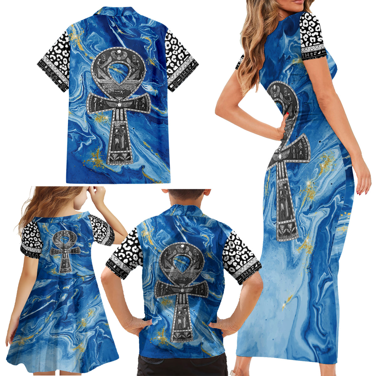 Ankh On Blue Family Matching Short Sleeve Bodycon Dress and Hawaiian Shirt Pan African - Wonder Print Shop