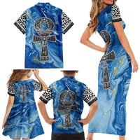 Ankh On Blue Family Matching Short Sleeve Bodycon Dress and Hawaiian Shirt Pan African - Wonder Print Shop