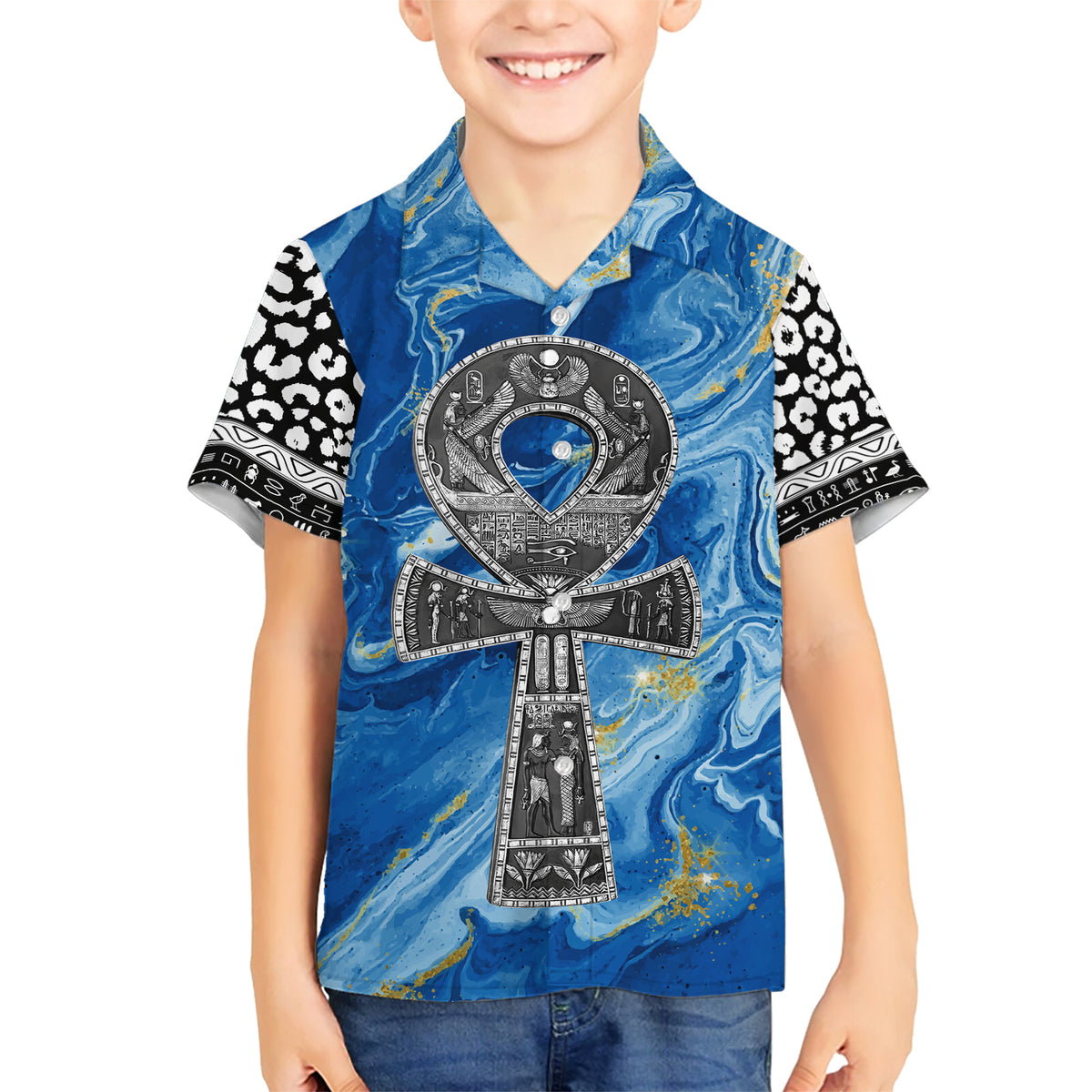 Ankh On Blue Family Matching Short Sleeve Bodycon Dress and Hawaiian Shirt Pan African - Wonder Print Shop