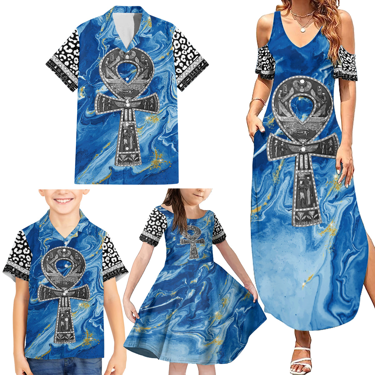 Ankh On Blue Family Matching Summer Maxi Dress and Hawaiian Shirt Pan African - Wonder Print Shop