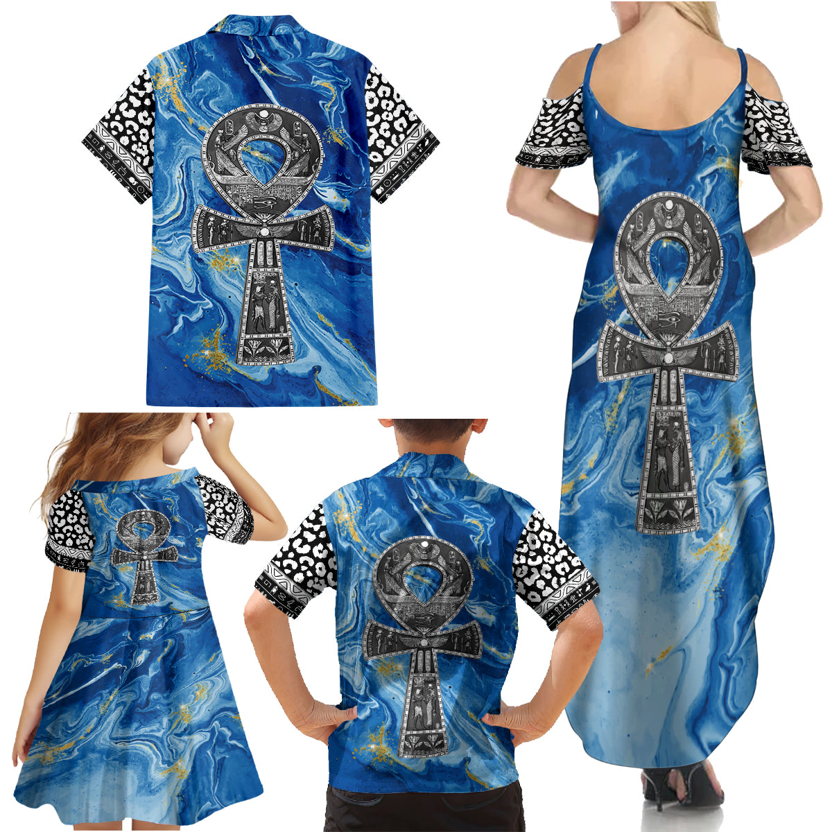 Ankh On Blue Family Matching Summer Maxi Dress and Hawaiian Shirt Pan African - Wonder Print Shop