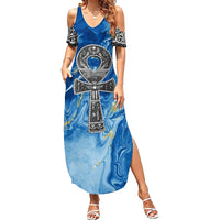Ankh On Blue Family Matching Summer Maxi Dress and Hawaiian Shirt Pan African - Wonder Print Shop