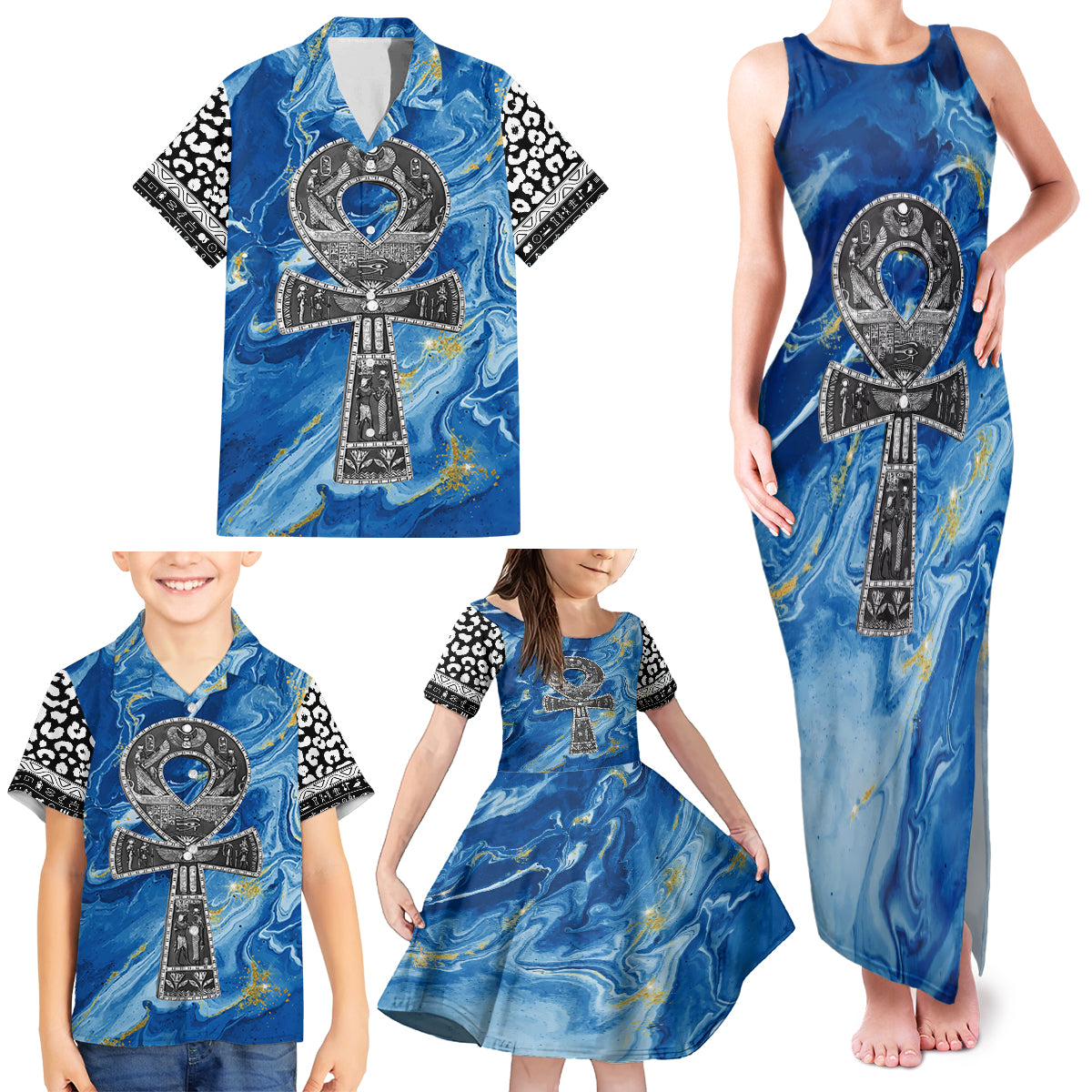 Ankh On Blue Family Matching Tank Maxi Dress and Hawaiian Shirt Pan African - Wonder Print Shop