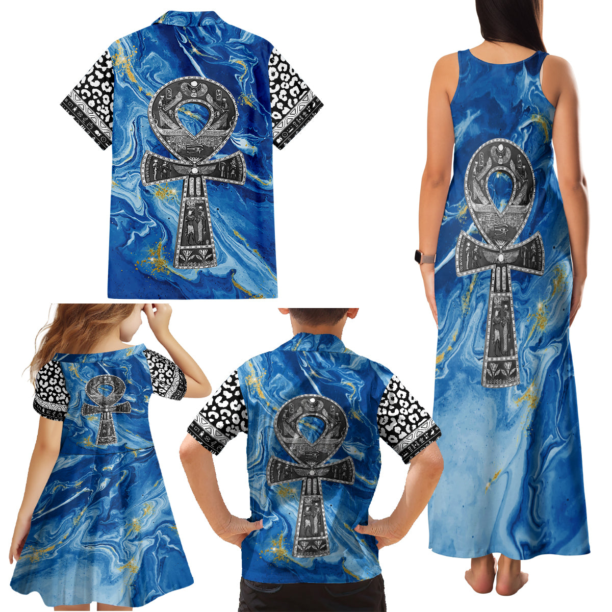 Ankh On Blue Family Matching Tank Maxi Dress and Hawaiian Shirt Pan African - Wonder Print Shop