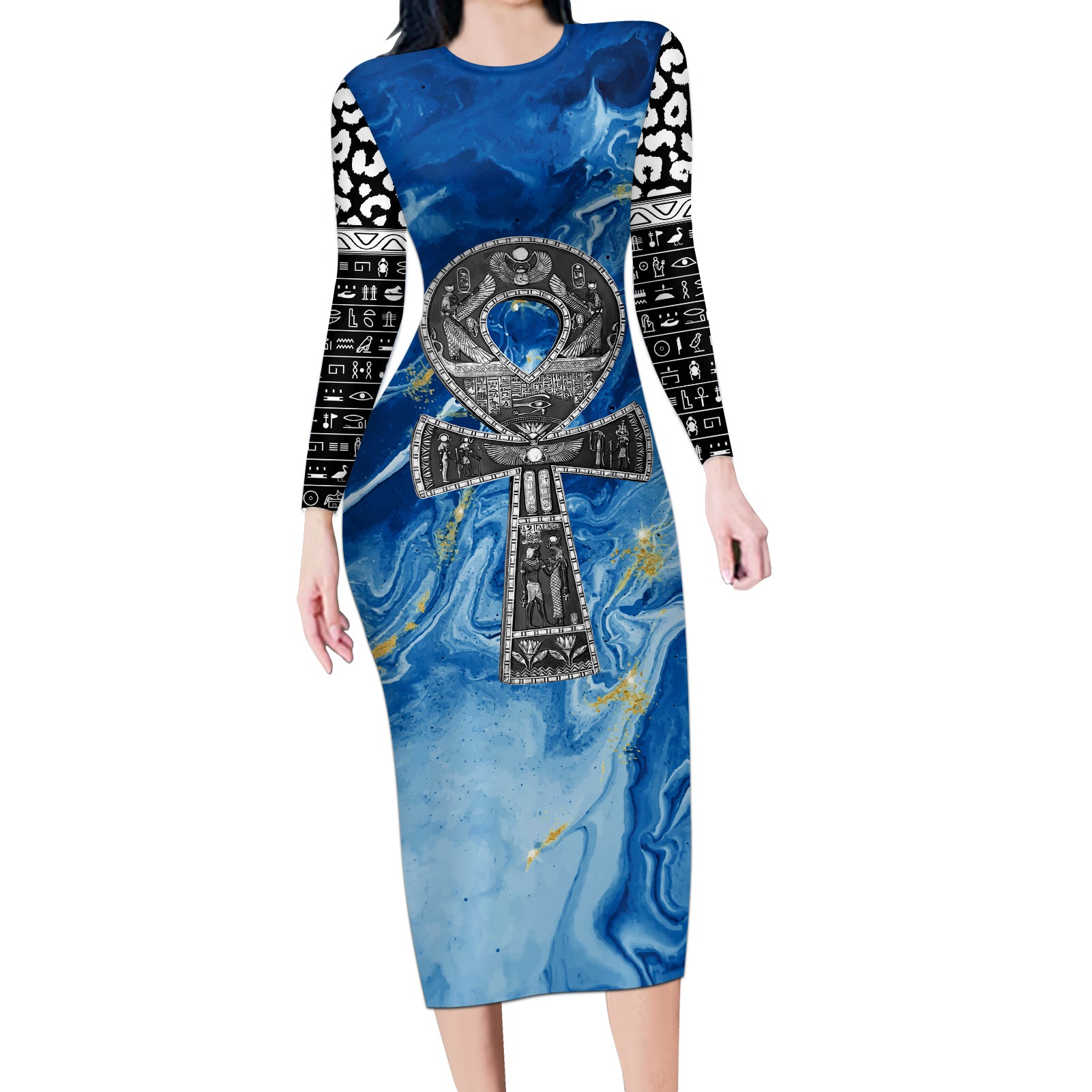 Ankh On Blue Long Sleeve Bodycon Dress Pan African - Wonder Print Shop