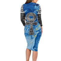 Ankh On Blue Long Sleeve Bodycon Dress Pan African - Wonder Print Shop