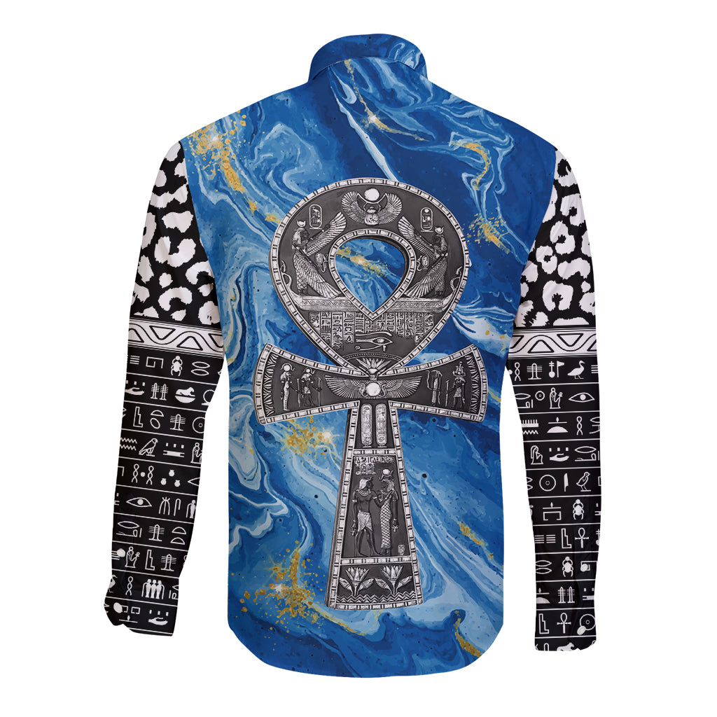 Ankh On Blue Long Sleeve Button Shirt Pan African - Wonder Print Shop