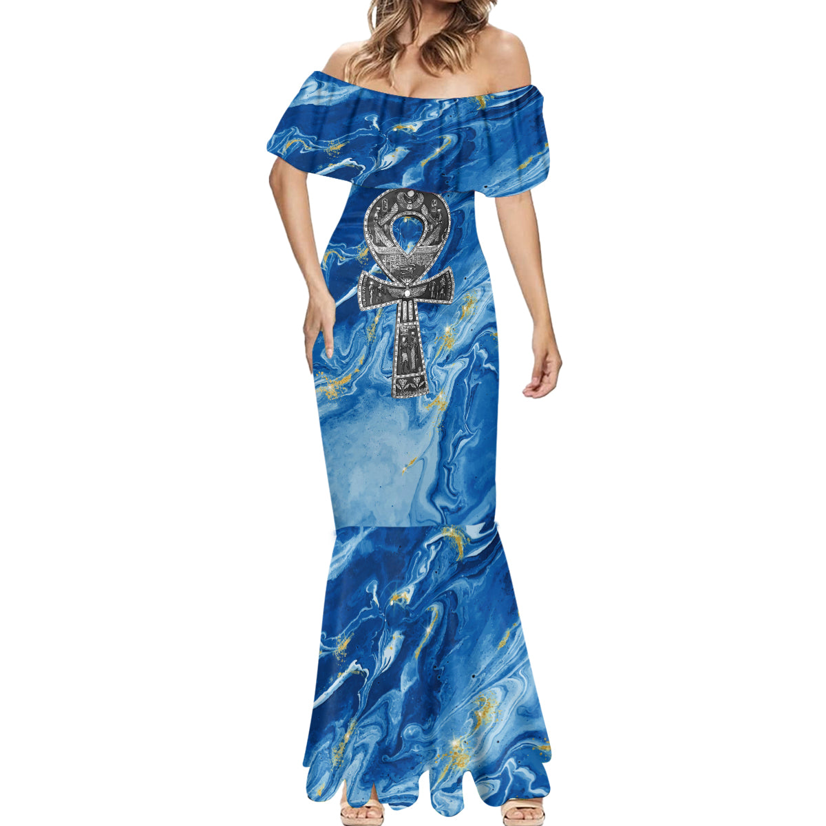 Ankh On Blue Mermaid Dress Pan African - Wonder Print Shop
