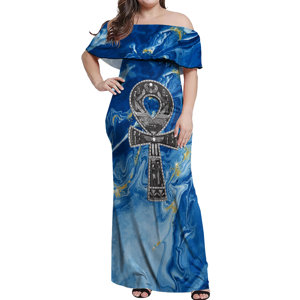 Ankh On Blue Off Shoulder Maxi Dress Pan African - Wonder Print Shop