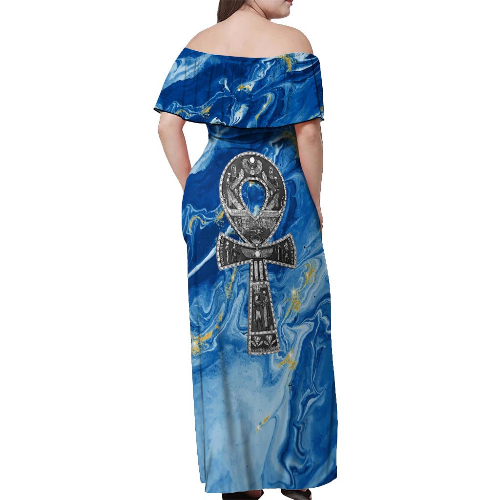 Ankh On Blue Off Shoulder Maxi Dress Pan African - Wonder Print Shop