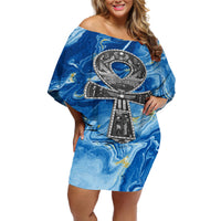 Ankh On Blue Off Shoulder Short Dress Pan African - Wonder Print Shop